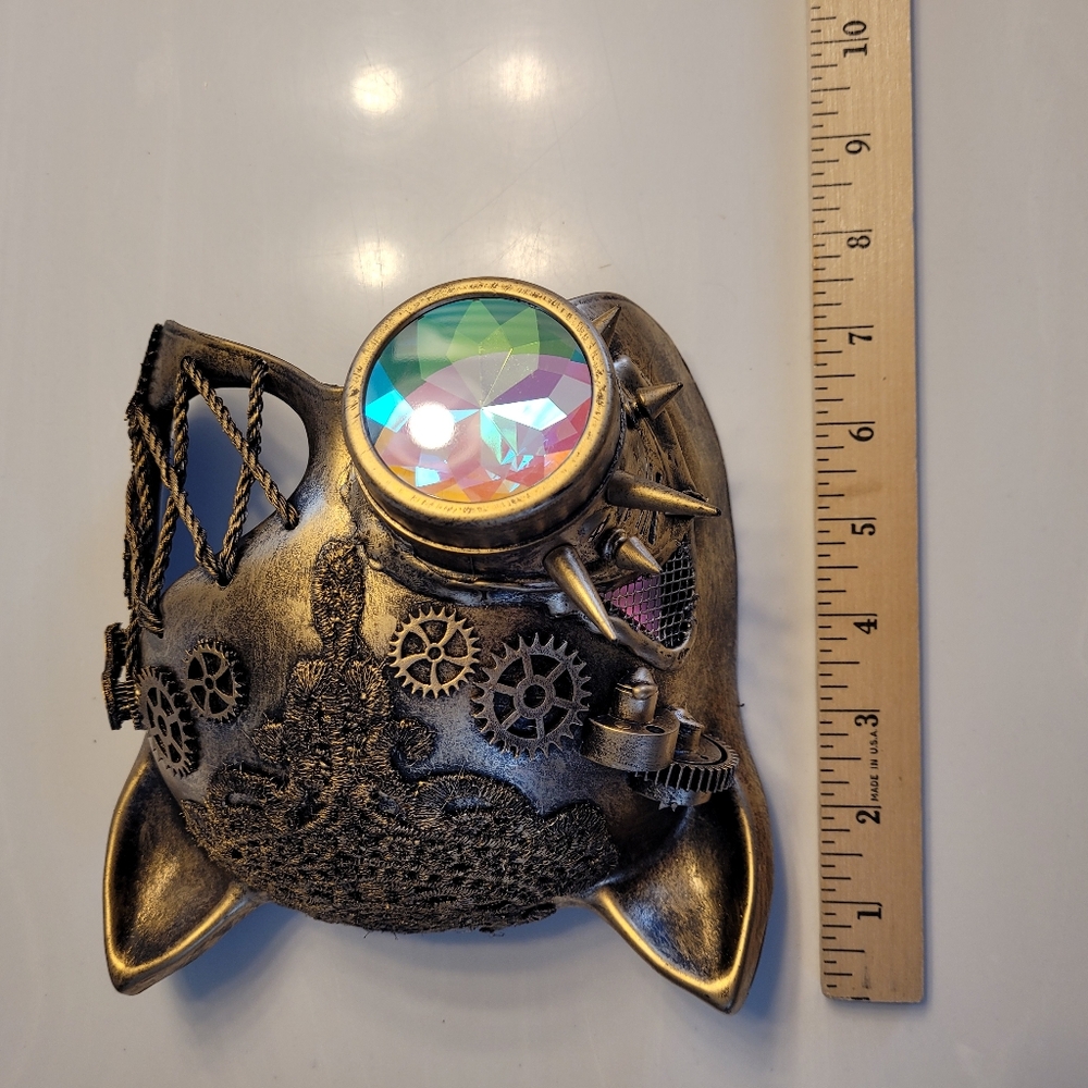 Cat Steampunk Mask Antiqued Gold-tone Lace, Spikes, & Gears Rainbow Kaleidescope - Picture 8 of 16